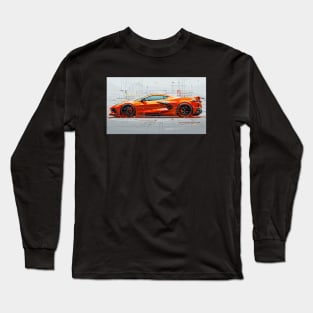 Orange C8 Corvette Tech Drawing Supercar Racecar Amplify Orange Corvette C8 Long Sleeve T-Shirt